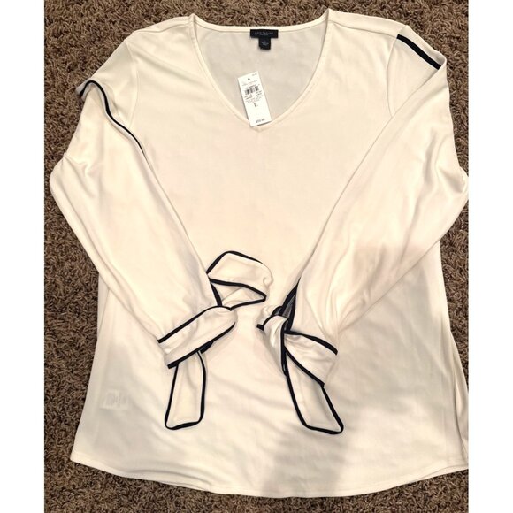 NTW Anne Taylor Elegant White V-Neck Blouse & Black Trim Large Light Academia - Picture 8 of 13